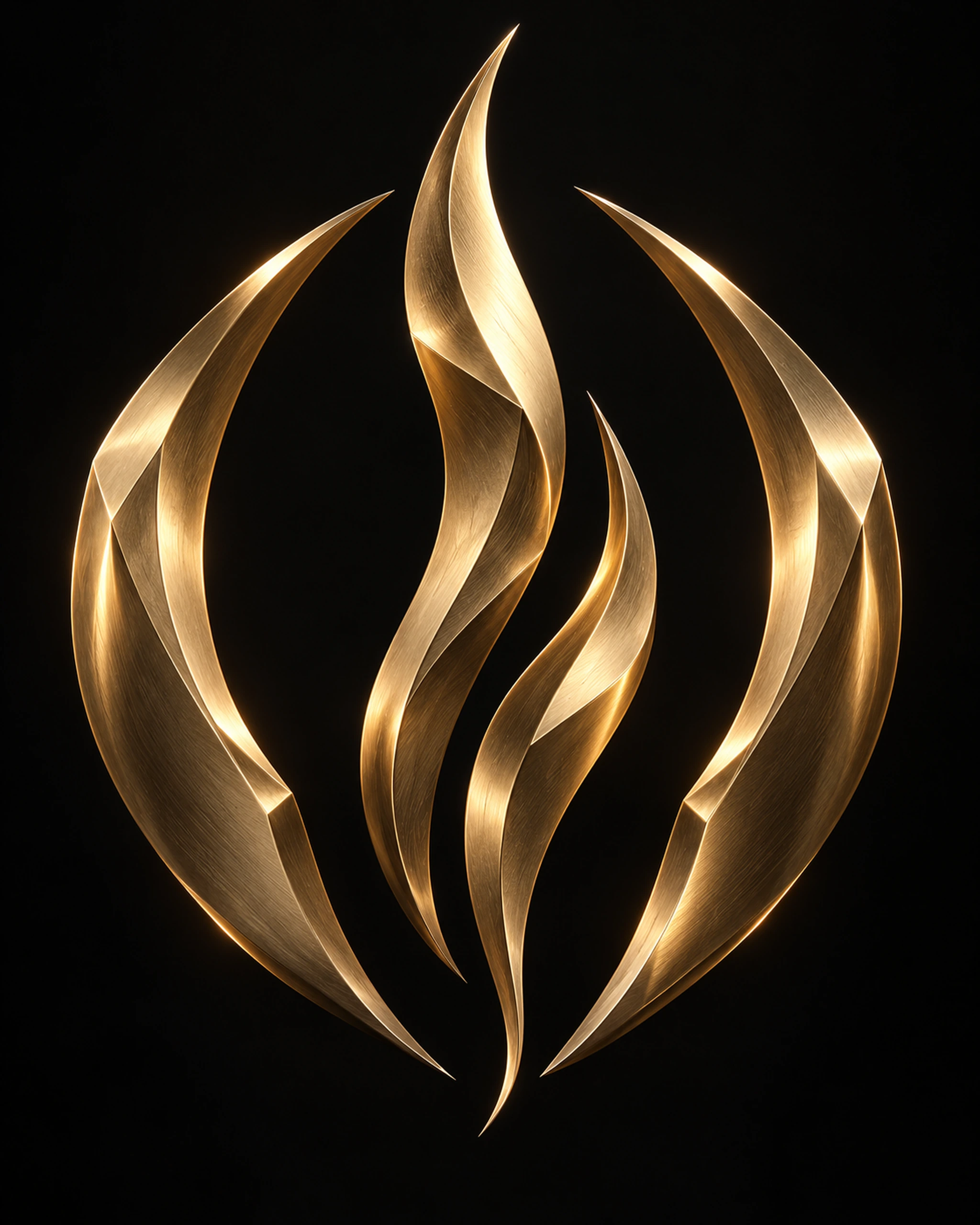 Nova Ignis sculpture: suspended curved golden blades evoking the fire of a new star